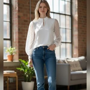 Ann Taylor Metallic Clip Sleeve Mixed Media Keyhole Mock Neck Top Size Large